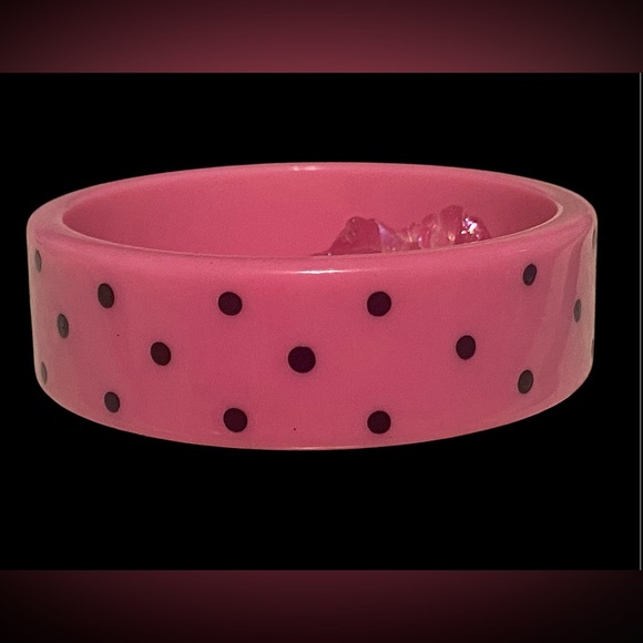 Unique Vintage Jewelry - Vintage Pink & Black Polka Dot Plastic Bangle Bracelet #7056